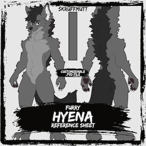 Puede incluir: Una hoja de referencia digital que muestra una vista frontal y trasera de un personaje de hiena antropomórfico gris. El texto dice SKRUFFMUTT, CUSTOMIZABLE .PSD FILE y FURRY HYENA REFERENCE SHEET. El personaje tiene marcas de pelaje oscuro.