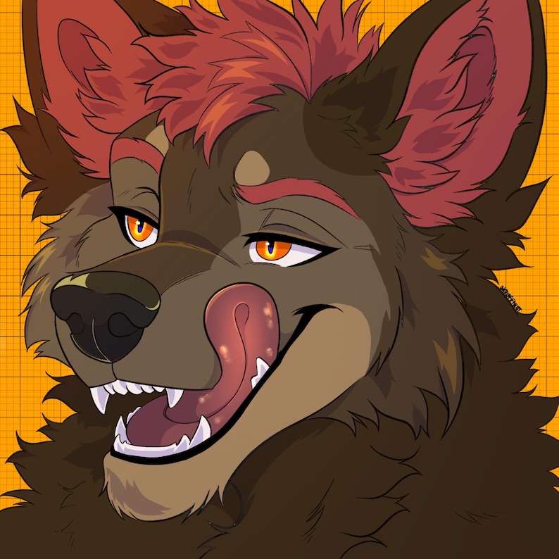 Puede incluir: Ilustraci&oacute;n digital de un personaje parecido a un lobo con pelaje marr&oacute;n, acentos rojos y ojos naranjas. El personaje tiene una expresi&oacute;n juguetona, con la lengua fuera y los dientes visibles. El fondo es un patr&oacute;n de cuadr&iacute;cula naranja.