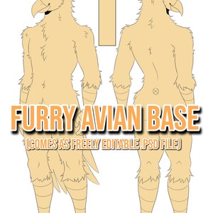 Peut inclure: Une base de dessin au trait pour dessiner un personnage aviaire à fourrure. La base montre le personnage de face et de dos, avec le texte "FURRY AVIAN BASE (COMES AS FREELY EDITABLE .PSD FILE)" en bas.