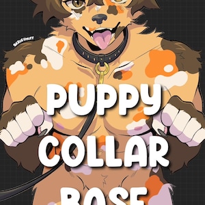 Op de afbeelding: Digitale kunst van een hondachtig personage met bruin, oranje en witte vacht, met een zwarte halsband. De afbeelding heeft de tekst "PUPPY COLLAR BASE" en "(.PSD FILE WITH EASY TO COLOR LAYERS)" in het wit.