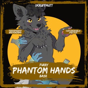 Op de afbeelding: Een digitale illustratie van een donkergrijs wolfpersonage met gele ogen, omringd door verschillende losse lichtblauwe spookhanden. De afbeelding bevat de tekst SKRUFFMUTT, TRANSPARENT BACKGROUND, CUSTOMIZABLE .PSD FILE en FURRY PHANTOM HANDS BASE.