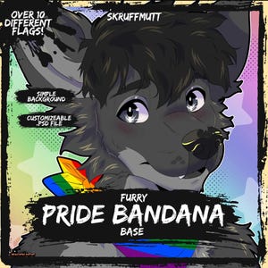 Może przedstawiać: Cyfrowa ilustracja ciemnoszarej antropomorficznej postaci psa noszącej tęczową bandanę. Obraz zawiera tekst OVER 10 DIFFERENT FLAGS, SKRUFFMUTT, SIMPLE BACKGROUND, CUSTOMIZEABLE .PSD FILE oraz FURRY PRIDE BANDANA BASE.