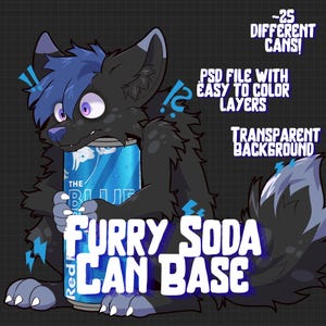 Può includere: Illustrazione digitale di un personaggio peloso che tiene in mano una lattina di soda blu. Il personaggio è nero con dettagli blu e occhi viola. Il testo include "FURRY SODA CAN BASE", "-25 DIFFERENT CANS!", "PSD FILE WITH EASY TO COLOR LAYERS" e "TRANSPARENT BACKGROUND".
