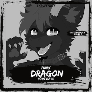 May include: A grayscale digital illustration of a dragon character with fluffy fur, pointed ears, and a collar. The image features the text SKRUFFMUTT, CUSTOMIZEABLE .PSD FILE, and FURRY DRAGON ICON BASE. The character has a wide, toothy grin.