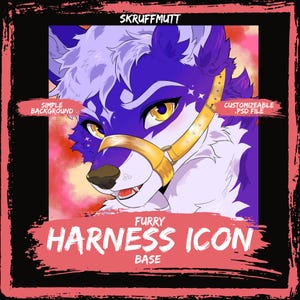 Può includere: Un'illustrazione digitale di un personaggio antropomorfo viola e bianco che indossa un'imbracatura dorata. L'immagine include il testo SKRUFFMUTT, SIMPLE BACKGROUND, CUSTOMIZABLE .PSD FILE e FURRY HARNESS ICON BASE in uno stile grafico.