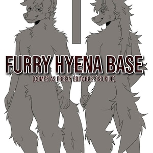 Puede incluir: Un dibujo en blanco y negro de una base de hiena peluda. La base está en dos poses, una mirando hacia adelante y la otra mirando hacia un lado. El texto "FURRY HYENA BASE" está escrito en rojo en la parte superior de la imagen. El texto "[COMES AS FREELY EDITABLE PSD FILE]" está escrito en negro debajo del texto principal.