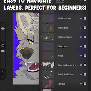 Puede incluir: Interfaz de software de arte digital con una ilustraci&oacute;n de lobo de dibujos animados. La interfaz muestra opciones de capas con el texto "EASY TO NAVIGATE LAYERS, PERFECT FOR BEGINNERS!"
