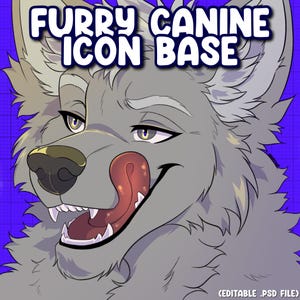 May include: Digital illustration of a gray canine with a pink tongue licking its lips. The image features the text "FURRY CANINE ICON BASE" in a white, bold font. The background is a gradient of blue.