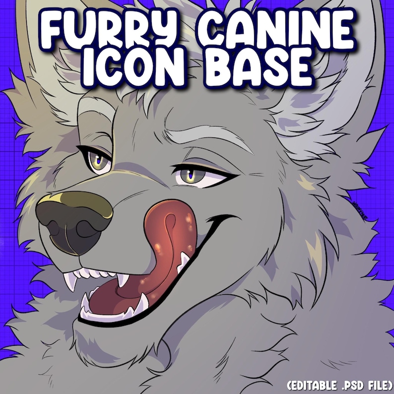 Puede incluir: Ilustraci&oacute;n digital de un canino gris con aspecto de lobo, con la lengua fuera, dientes visibles y ojos parcialmente cerrados. El texto "FURRY CANINE ICON BASE" est&aacute; en la parte superior. La parte inferior de la imagen dice "(EDITABLE .PSD FILE)".