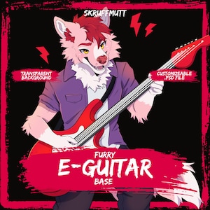 May include: A digital illustration of an anthropomorphic wolf character with pink and red fur playing a red electric guitar. The image features the text SKRUFFMUTT, TRANSPARENT BACKGROUND, CUSTOMIZEABLE .PSD FILE, and FURRY E-GUITAR BASE.