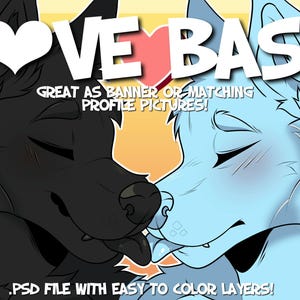 Może przedstawiać: Cyfrowa ilustracja dwóch antropomorficznych wilków, jednego czarnego i jednego jasnoniebieskiego, całujących się. Obraz zawiera tekst "LOVE BASE" z sercami oraz tekst "GREAT AS BANNER OR MATCHING PROFILE PICTURES!" i ".PSD FILE WITH EASY TO COLOR LAYERS!"