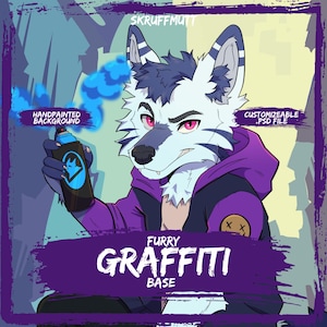 May include: A digital illustration of an anthropomorphic wolf character with white and dark blue fur, pink eyes, and a purple hoodie. The character holds a spray paint can emitting blue smoke. Text includes SKRUFFMUTT, FURRY GRAFFITI BASE.