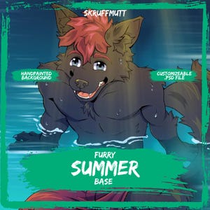 Puede incluir: Una ilustración digital de un personaje canino antropomórfico de pelaje oscuro y cabello rosa, sonriendo en agua azul. El texto dice SKRUFFMUTT, HANDPAINTED BACKGROUND, CUSTOMIZEABLE .PSD FILE y FURRY SUMMER BASE. Ojos de color azul claro.