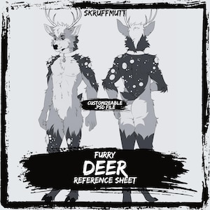 Puede incluir: Una hoja de referencia digital en escala de grises para un personaje de ciervo de SKRUFFMUTT. La imagen muestra vistas frontal y trasera de un ciervo antropomórfico con astas, collar y pelaje con manchas. El texto incluye CUSTOMIZABLE .PSD FILE y FURRY DEER REFERENCE SHEET.