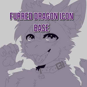 May include: Line art illustration of a furry dragon with a collar and bell. The dragon has a happy expression and is looking to the right. The text "FURRED DRAGON ICON BASE" is at the top of the image.