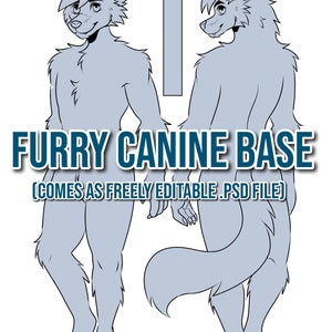 Peut inclure: Une base de dessin au trait pour dessiner des personnages de canins à fourrure. La base montre une vue de face et de dos d'un canidé avec une longue queue. Le texte "FURRY CANINE BASE (COMES AS FREELY EDITABLE .PSD FILE)" est en bas de l'image.