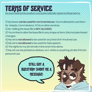 Puede incluir: Documento de T&eacute;rminos de Servicio con un personaje de perro de dibujos animados con gafas. El texto incluye reglas para uso comercial, modificaciones y restricciones sobre IA y discurso de odio. Un bocadillo dice: "&iquest;TODAV&Iacute;A TIENES UNA PREGUNTA? &iexcl;MANDAME UN MENSAJE!"