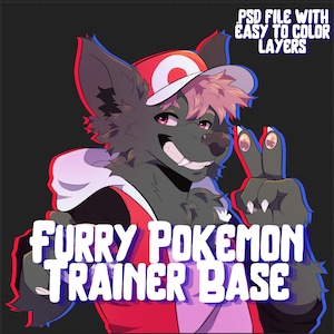 May include: Digital artwork of a furry character wearing a red and white hat and vest, with the text "Furry Pokemon Trainer Base." The image has a black background with red and blue outlines. Text at the top reads "PSD file with easy to color layers."
