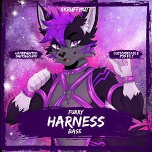 Puede incluir: Una ilustración digital de un personaje lobo antropomórfico con pelaje negro y morado, que lleva un arnés, collar y muñequeras moradas. La imagen incluye el texto SKRUFFMUTT, HANDPAINTED BACKGROUND, CUSTOMIZABLE .PSD FILE y FURRY HARNESS BASE.