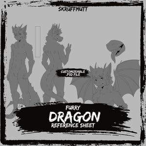 Puede incluir: Una hoja de referencia digital en escala de grises titulada SKRUFFMUTT FURRY DRAGON REFERENCE SHEET. Incluye un archivo .PSD personalizable con tres vistas de un personaje dragón: una vista frontal, una vista trasera y un primer plano de la cabeza.