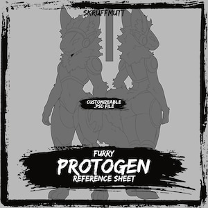 Może przedstawiać: Szary cyfrowy arkusz referencyjny przedstawiający dwa widoki postaci Protogen. Obraz zawiera tekst SKRUFFMUTT, CUSTOMIZEABLE .PSD FILE oraz FURRY PROTOGEN REFERENCE SHEET. Postać ma spiczaste uszy i wizjer.