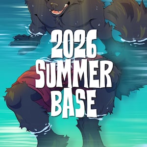 Könnte beinhalten: Digitale Illustration eines pelzigen Charakters im Wasser, der rote Shorts trägt. Der Charakter hat dunkles Fell, rotes Haar und lächelt. Der Text "2026 SUMMER BASE" ist in Weiß über das Bild gelegt.