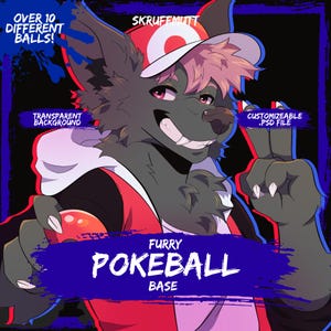 May include: A digital illustration of a dark grey anthropomorphic wolf character wearing a red and white cap, holding a red and white ball. Text includes OVER 10 DIFFERENT BALLS, SKRUFEMUTT, TRANSPARENT BACKGROUND, CUSTOMIZABLE .PSD FILE, and FURRY POKEBALL BASE.