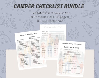 May include: A printable checklist bundle for camping trips. The checklist includes packing lists for bathroom items, cleaning supplies, campfire and outdoor cooking, entertainment, and camping reservations. There is also a checklist for setting up the campsite.