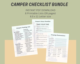 May include: A printable checklist bundle for camping trips. The checklist includes sections for packing, campsite setup, and reservations. The checklist is designed for 8.5 x 11 inch paper and includes 26 pages.