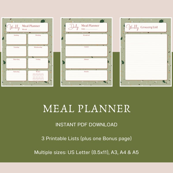 Menu Plan | Meal Plan | Weekly Meal Planner Bundle | Grocery | Meal Planner Printable | Daily Food Journal | Printable | Green Speck