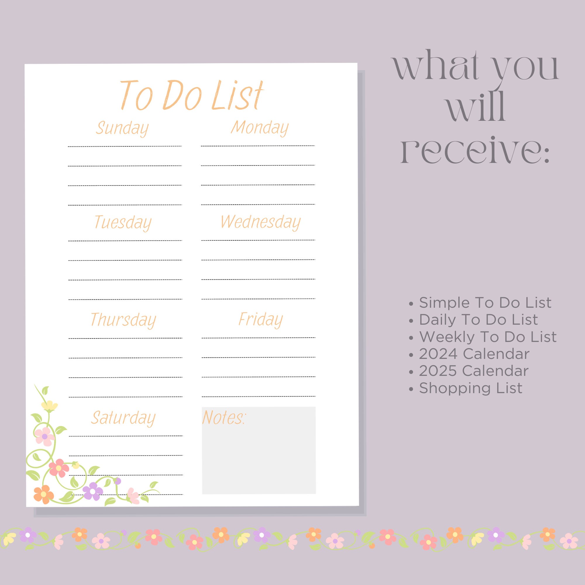 Spring Flower Checklist Sleek Minimalist Weekly & Daily Checklist - Printable PDF Lists Spring ...