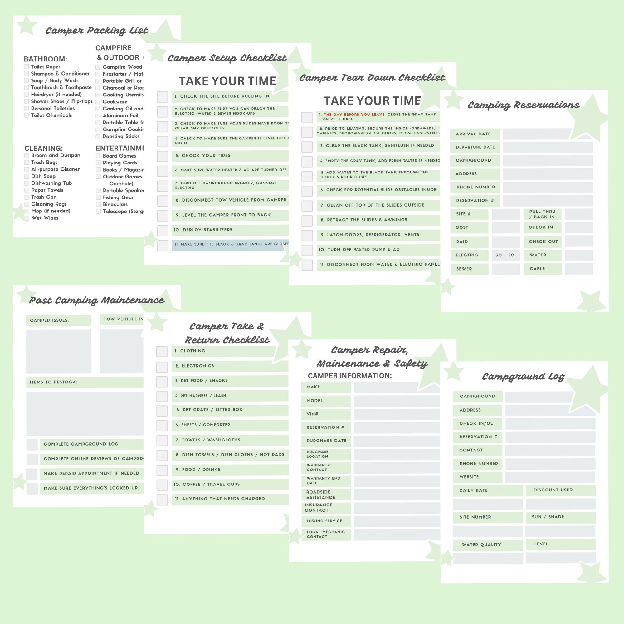 Camper Checklist Printable Bundle Green Stars Etsy