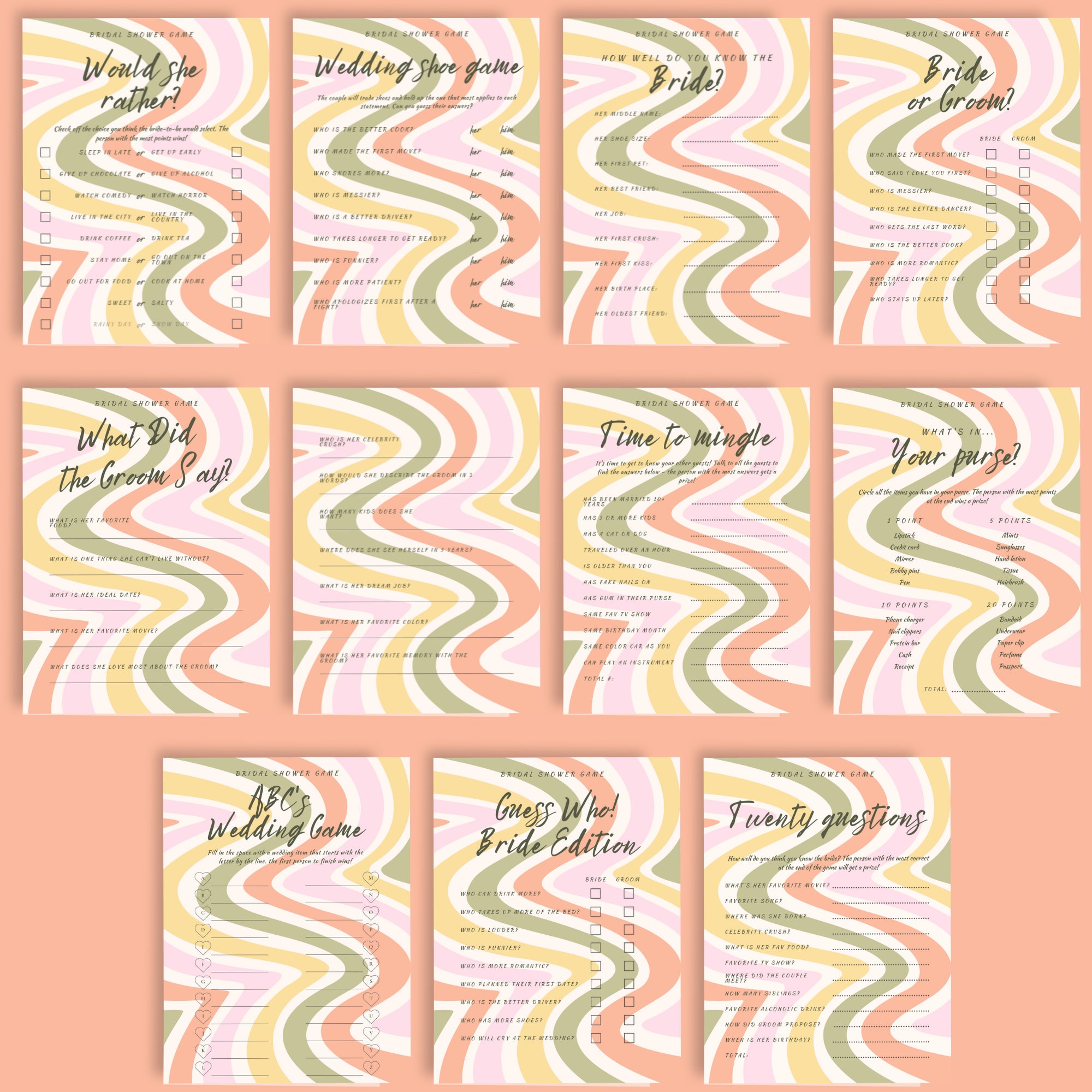 10 Printable Bridal Shower Games Bundle Retro Fun &amp; Interactive Party ...