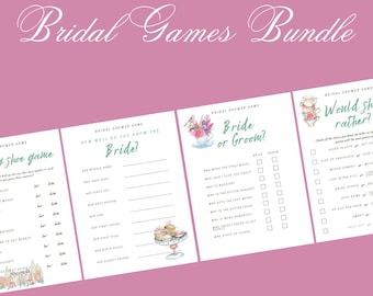 May include: A pink background with the text "Bridal Games Bundle" in elegant script. The image features four printable bridal shower game sheets with floral and teacup illustrations. Games include "The Shoe Game" and "Would She Rather?"