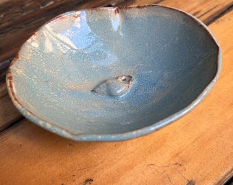 Handmade Ceramic Bowl Rustic Blue with Shell Inside