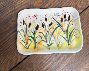 Pottery Ceramic Tray Handmade Dragonflies and Cattails