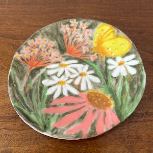 Flower Art Handpainted Pottery Small Round Dish