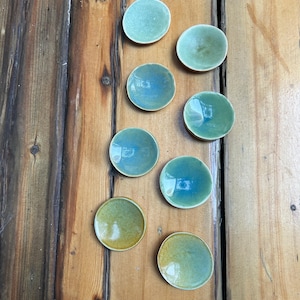 May include: Eight small, round ceramic dishes in shades of green and blue. The dishes are arranged in a semi-circle on a wooden surface.