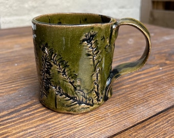 Ceramic Nature Mug Handmade Pottery Evergreen Branches