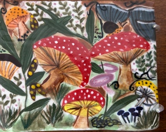 Mushroom Art Handpainted Pottery Small Tile