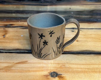 Ceramic Mug Pottery Hand Built Carved with Flowers