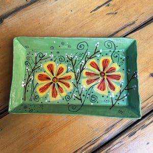 Handmade Pottery Ceramic Tray Painted Flowers