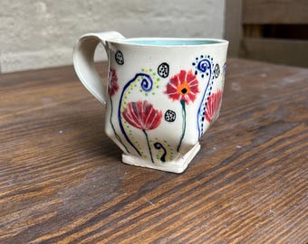 Coffee Tea Mug Pottery Hand Built Hand Painted Flowers