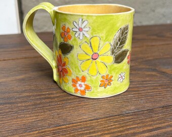 Ceramic Mug Pottery Groovy Handmade Retro Flowers