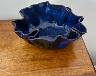 Handmade Pottery Deep Blue Folded Bowl
