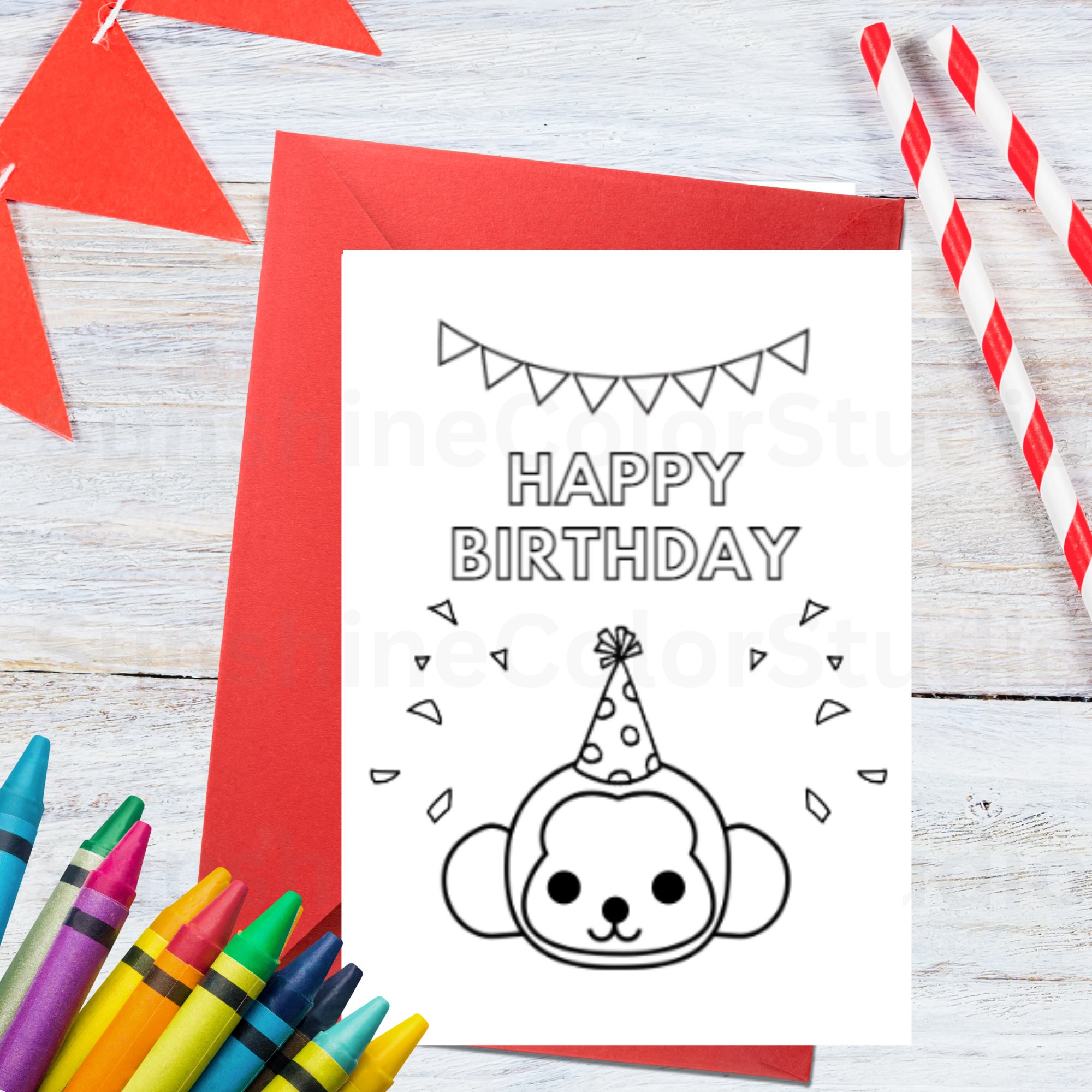 Printable Happy Birthday MONKEY Coloring Card &amp; Sheet, Kid's Party Activity, Birthday Cards for ...