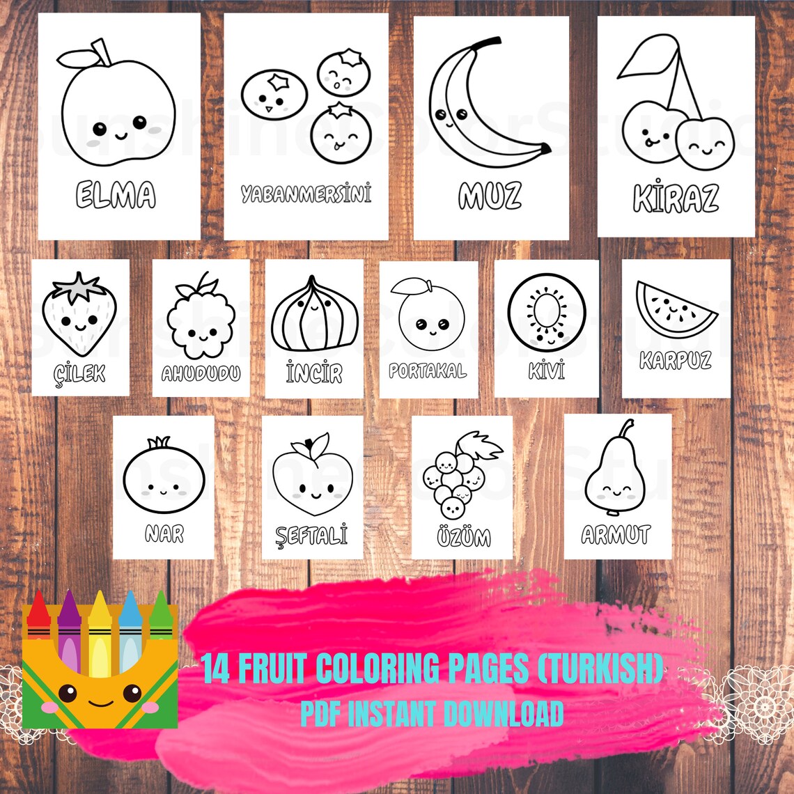 Printable TURKISH Fruit Coloring Pages for Kids 14 Pages Kids Party Printable TURKISH Fruit Coloring Pages for Kids 14 Pages Kids Party