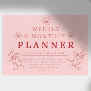 以下が含まれることがあります： ピンクの印刷可能なプランナーで、テキストは「Weekly & Monthly Planner」と「Contains a space for reminders, notes, quotes, priorities, to-do list, ideas, mood board, mood tracker, productivity, schedules & timetables, doodles」です。
