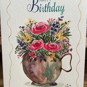 Cartão de aniversário, aquarela, vaso antigo, pintado à mão, impressão original.