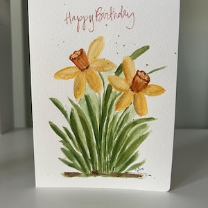Narcisos, tarjetas de cumpleaños, flores amarillas, impresiones originales pintadas a mano, acuarela.